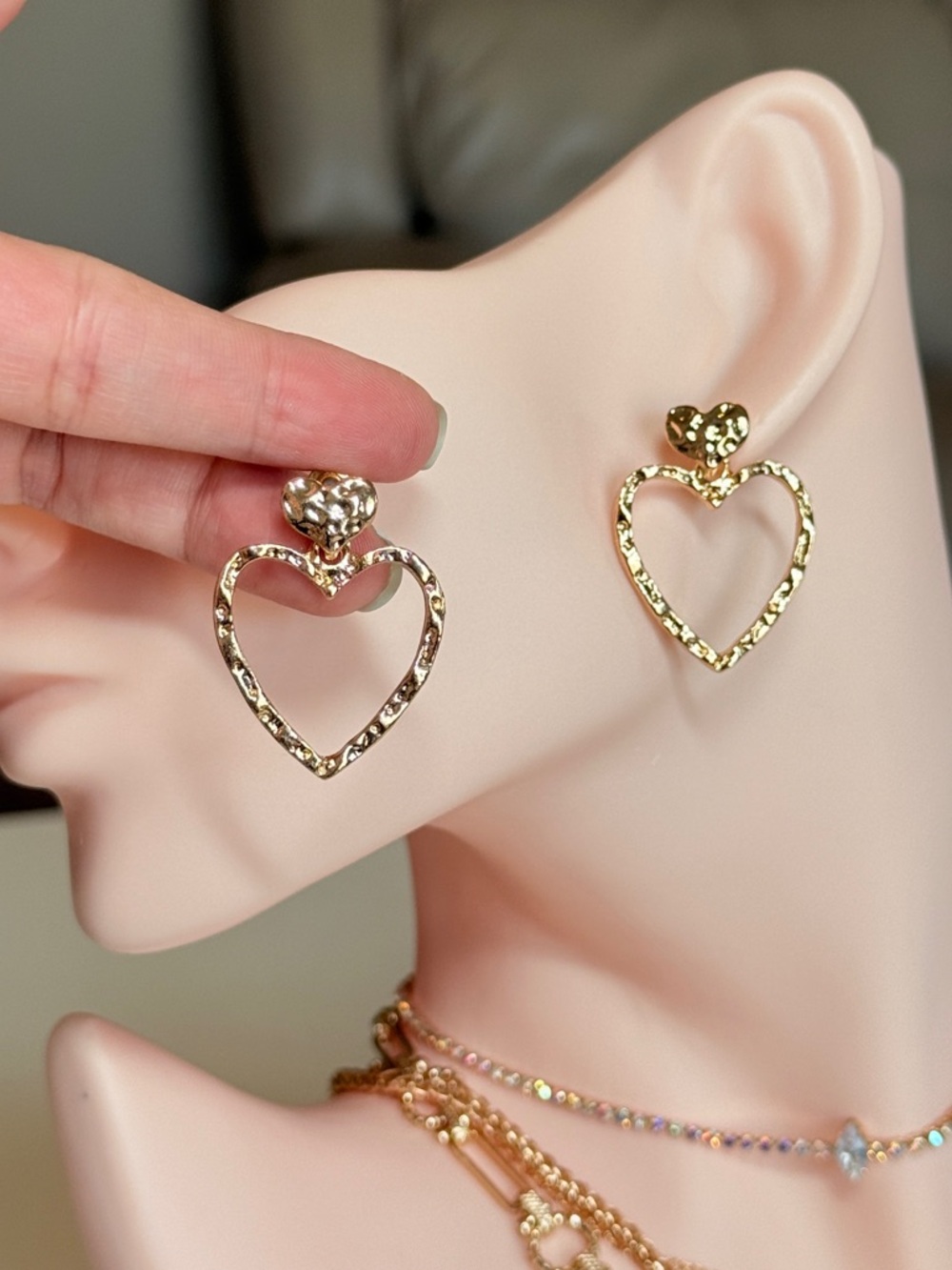 Gold Heart Drop Earrings - Picture 7 of 10